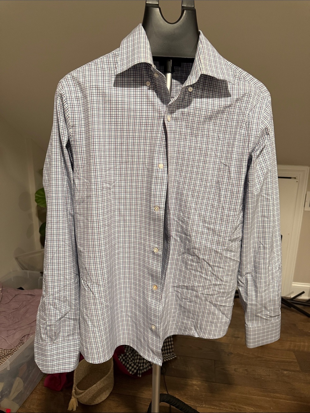 Peter Millar Blue and White Micro-Check Dress Shirt